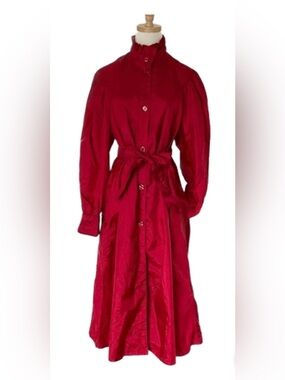 Classic Red Long-Sleeve Belted Light Rain Jacket